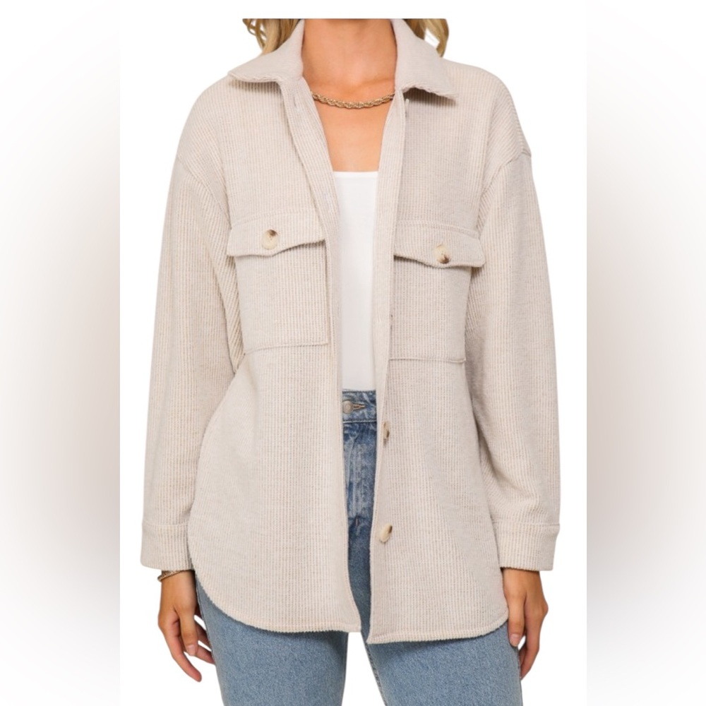 Timing Shacket Collared Button Up Long Sleeve Oatmeal/ Cream stripe Shacket - Picture 3 of 6